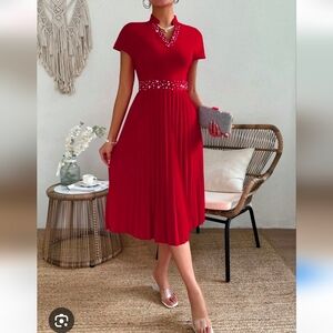 SHEIN Clasi Studded Decor Notched Collar Pleated Hem Dress